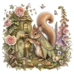 Fototapeta premium Fairy Squirrel by Cottage Home with Roses