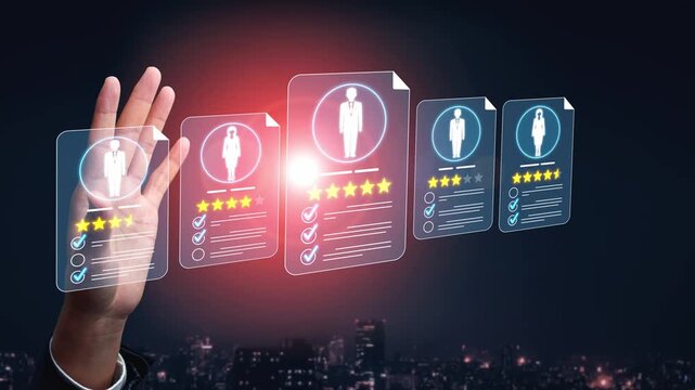 Hand Holding Transparent Digital Resumes with Ratings and Feedback for Job Applicants in a Modern City Background at Night Sigmoid