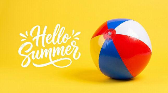 Inflatable Colorful Beach Ball with Hello Summer Typography Isolated on White and Transparent Background