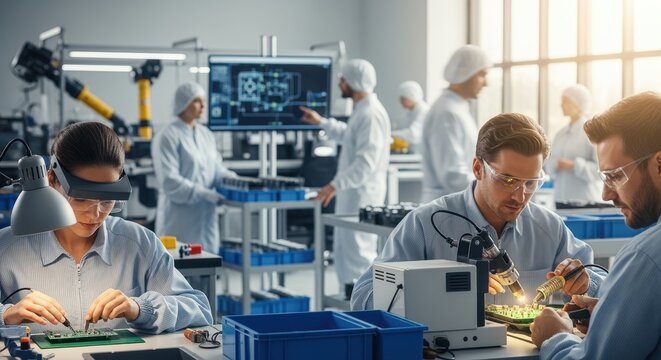 Factory floor with multiple workers collaborating on the fabrication of electronic devices.
