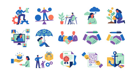 Fototapeta premium Collection of colorful business illustrations depicting growth success and modern workplace concepts