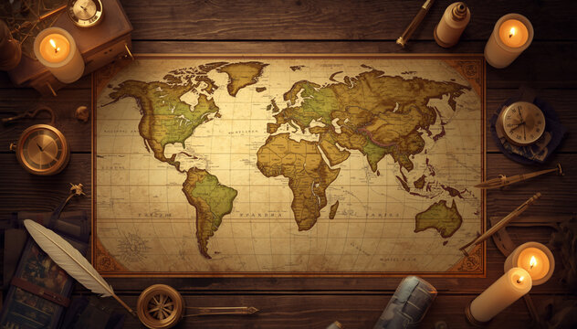 Vintage world map on a rustic wooden desk with candles, compasses, and navigation tools
