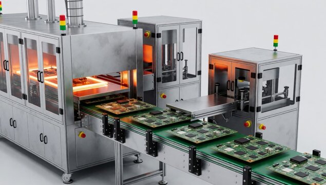 Large industrial machine conveyor belt running made stainless steel has multiple doors windows left side right