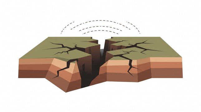 Earthquake Ground Crack Flat Illustration &ndash; Deep fractured earth symbolizing seismic activity and earthquake damage, isolated on white background for disaster awareness and safety designs.