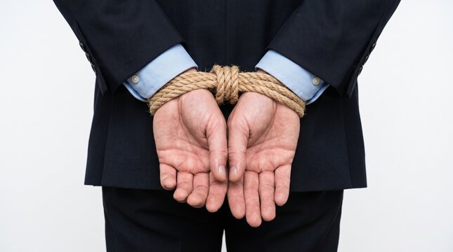 A man in a suit with his hands tied behind his back. The rope is tied tightly, suggesting a loss of control or a difficult situation