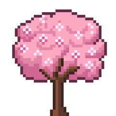 Pixel art pink cherry blossom tree, 8-bit style nature tree vector graphic for game design and illustration. © Mukhamat