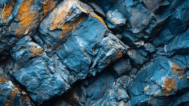 Natural weathered stone strata showing blue and orange mineral veins in a jagged mountain rock face formation displaying geological patterns in the raw earth surface of a massive rugged cliff
