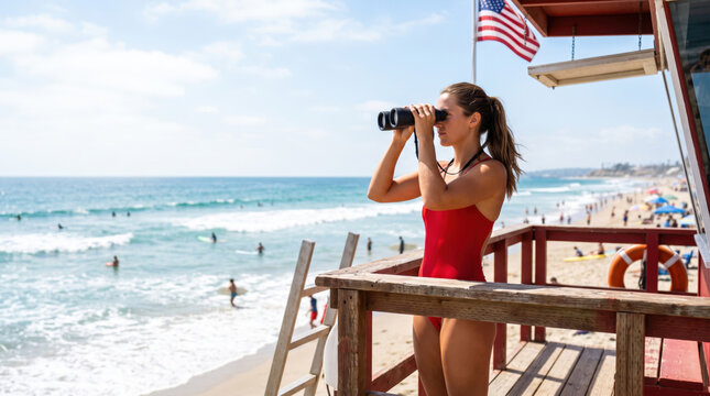 Lifeguard tower with lifeguard using binoculars to monitor the beach and ocean waves. Lifeguard wearing red swimsuit oversees beach activities, ensuring safety for beachgoers and swimmers.