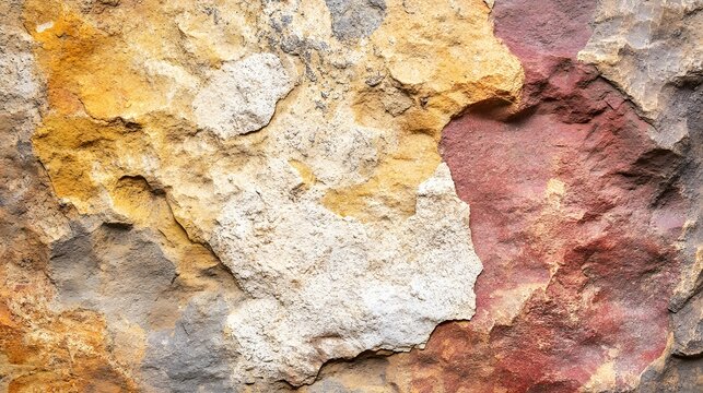 Natural weathered sandstone surface showing geological textures with vibrant ochre yellow and deep red mineral deposits spanning across the rugged mountain cliff face forming a complex stone