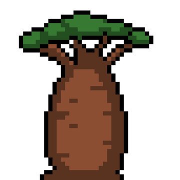 Pixel art african baobab tree with thick trunk and green foliage, 8-bit retro style african nature vector graphic for game design and illustration.