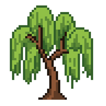 Pixel art green weeping willow tree with brown branches, 8-bit retro style nature tree vector graphic for game design and illustration.
