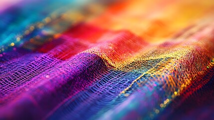 Fototapeta premium Vibrant multicolored fabric waves displaying a soft silk texture with shimmering golden threads woven throughout the material creating a rich sensory experience for luxury textile design