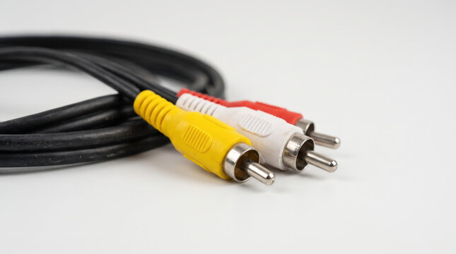 Composite AV cable with yellow, red, and white connectors on black cable. Composite AV cable is essential for connecting audio and video devices. 