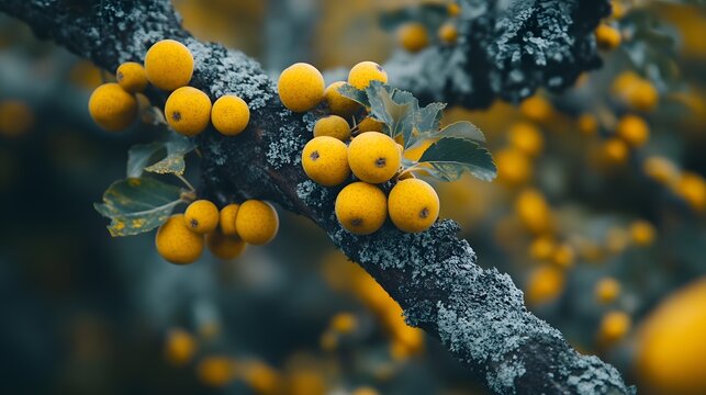 Vibrant yellow berries grow on the gnarled branches of a hawthorn tree during the autumn season as nature transitions into dormancy providing a rich harvest for local birds during winter months