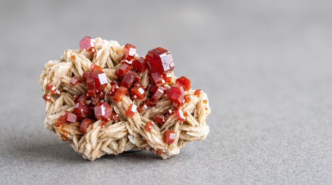 Vanadinite crystal on barite rock showcasing unique texture and vibrant red coloration. Vanadinite crystals shimmer atop barite base, creating striking natural mineral display.