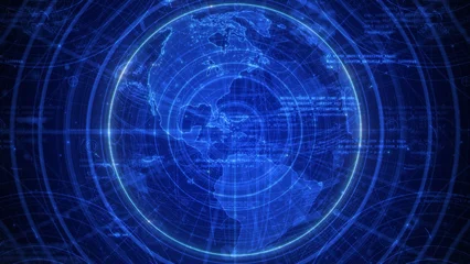 Blue digital world map background illustration featuring North and South America with concentric radar tracking rings and HUD interface © Quardia Inc.