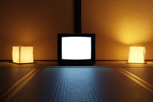 3D Rendering of an old television with isolated PNG screen standing on tatami and illuminated by lantern