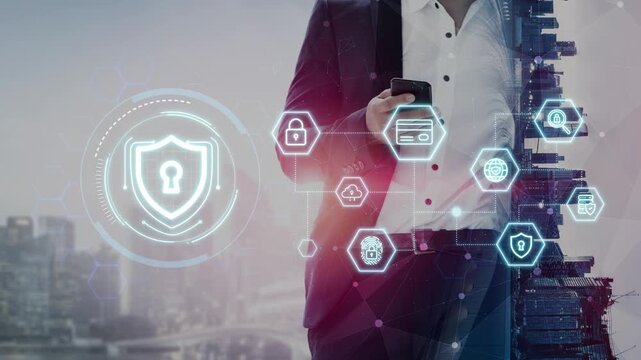Businessman in Suit Holding Smartphone with Digital Security Icons and City Background Representing Cybersecurity and Data Protection Concepts. Entropy.