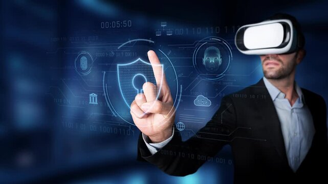 A businessman is engaged in a virtual reality experience, interacting with a futuristic interface focused on data protection and cybersecurity in modern technology. Raster