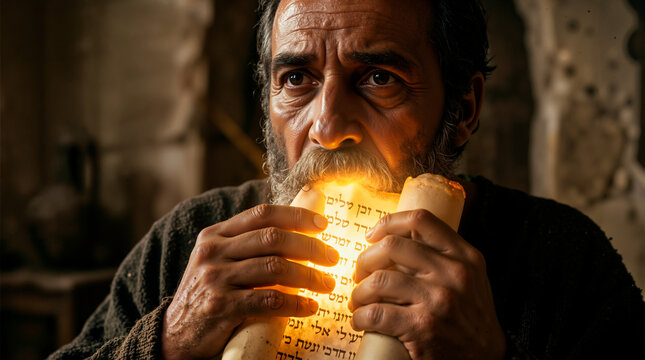Biblical prophet Ezekiel eating a glowing scroll. Close up portrait of a bearded man consuming ancient scripture. Divine revelation and prophecy concept