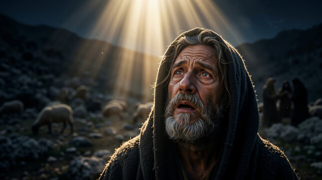 Biblical shepherd looking up at divine light in awe. Shepherd's vision of angels on a rocky hill at night. Spiritual revelation and faith concept