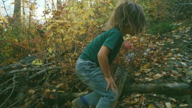 Young boy climbing over a fallen log and balancing near an autumn creek