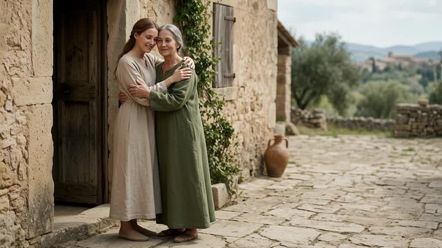 Biblical scene of young Mary and older Elizabeth warmly embracing outside an ancient stone house during the holy visitation set against a beautiful rural daytime landscape in historical clothing
