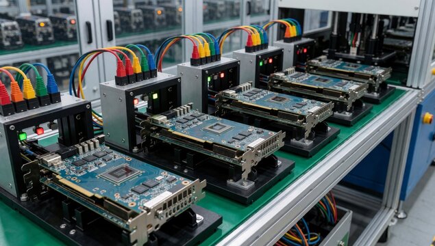 Row electronic components conveyor belt factory workshop arranged neat orderly manner each component having un