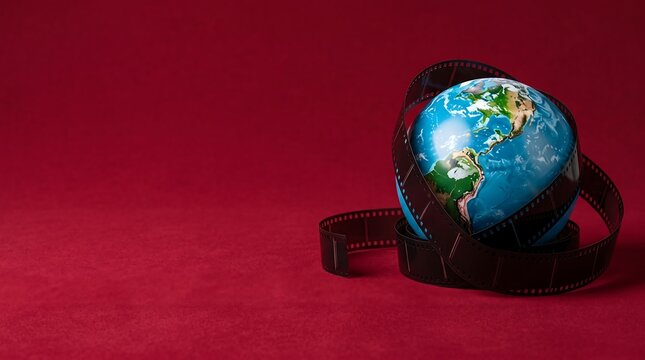 Earth globe wrapped in photographic film strip on red background