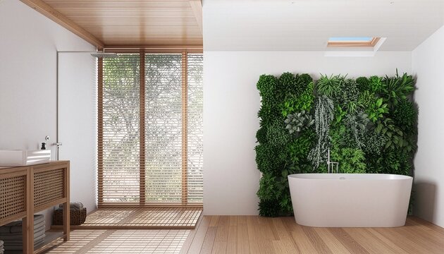 Modern zen bathroom interior with vertical garden and bathtub