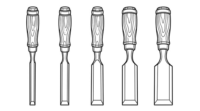 Set of five woodworking chisels with wooden handles, line art illustration on white background