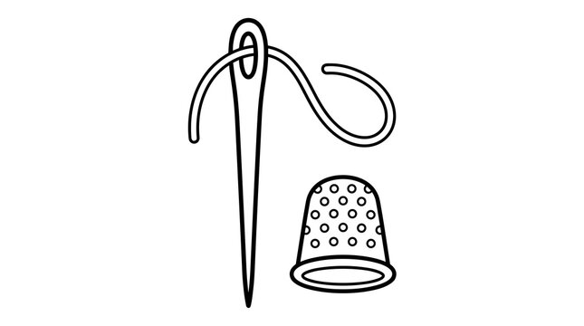 Simple line art vector illustration of a sewing needle with thread and a thimble on a white background