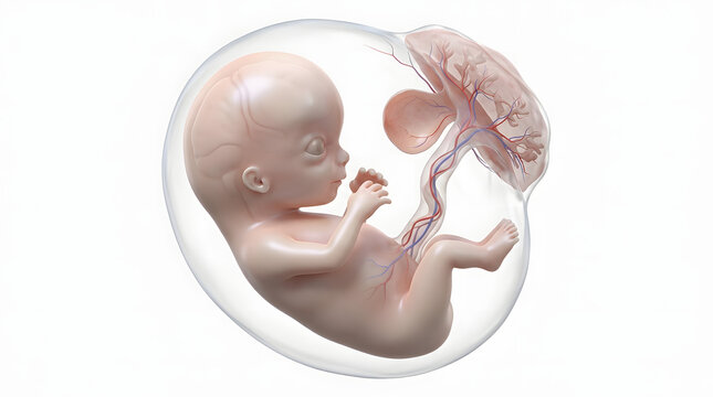 Fetus inside womb with transparent amniotic sac and organs shown
