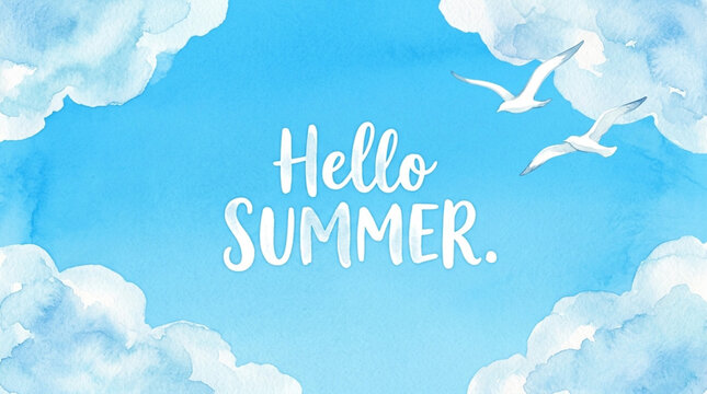 Watercolor Hello Summer Text with Clouds and Seagulls on Transparent Background Isolated on White