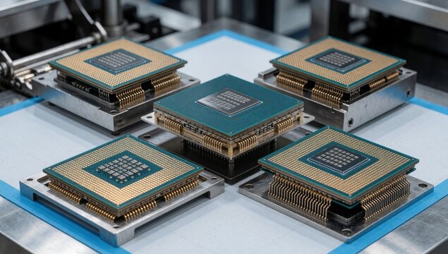 Electronic components conveyor belt factory setting arranged row appear new unused each component rectangular