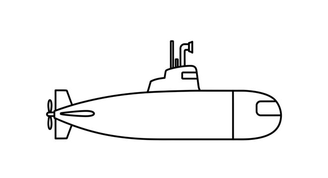 Simple submarine line art illustration. Black and white outline icon of an underwater vessel with periscope and propeller.