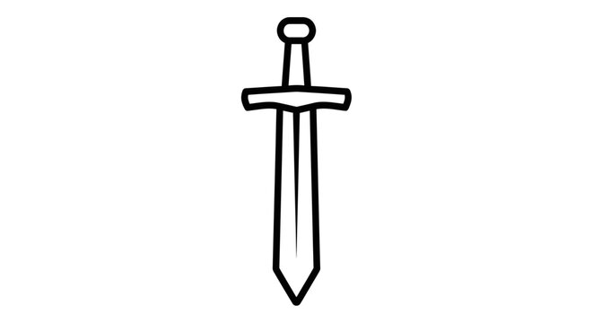 Simple black outline sword icon on white background. Minimalist vector illustration of a sharp medieval weapon symbol.
