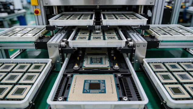 Close-up computer chip assembly line factory machine made metal has multiple rows white plastic trays small sq
