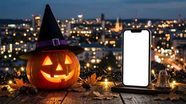 Jack o lantern wearing a witch hat with a city view and blank phone screen
