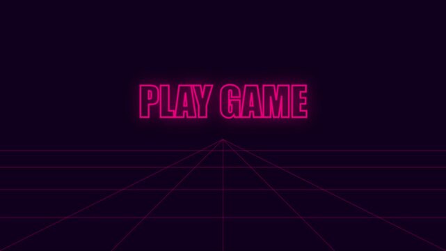 Retro synthwave play game neon text animation with glowing grid 4k background