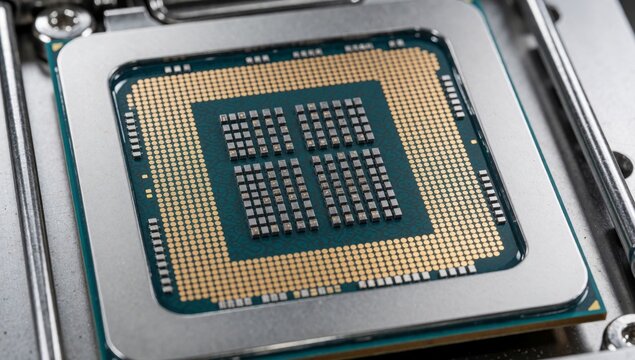 Close-up computer processor chip rectangular shape has metallic frame green gold color scheme center there lar