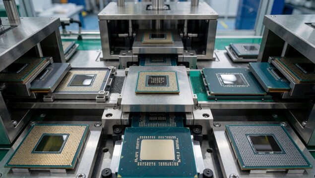 Close-up group electronic components conveyor belt factory arranged neat orderly manner each component having