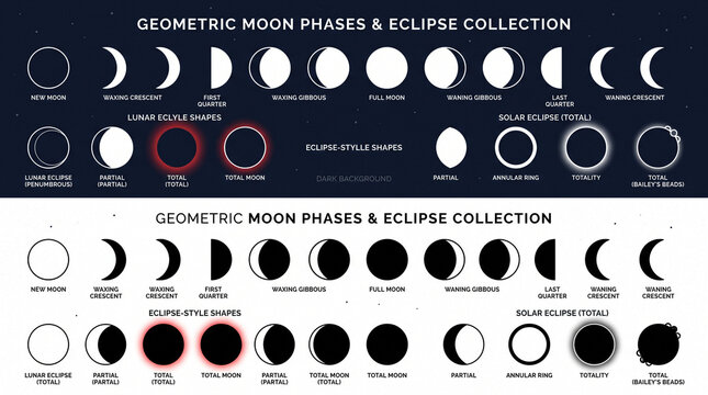 Vector graphic of geometric moon phases and eclipse diagrams on dark and light backgrounds.