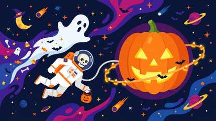 Naklejka premium Colorful Halloween-themed space scene with astronaut, pumpkin, and ghosts floating in cosmic background