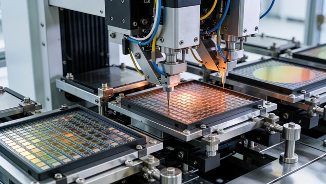 Close-up cnc computer numerical control machine factory setting mounted metal frame multiple panels arranged g