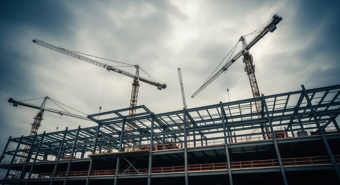 Expansive view of building framework and crane arms under cloudy sky.
