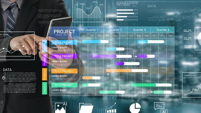 Business professional using smartphone while analyzing data charts and project timelines with futuristic dashboard overlay in modern workspace Gluon.