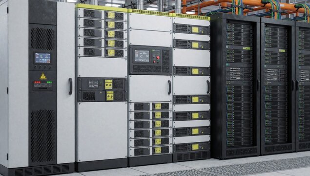 Row servers data center arranged neat orderly manner each server facing same direction left grey has control p