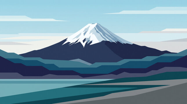 Minimalist vector illustration of a snow-capped mountain rising above a calm lake.