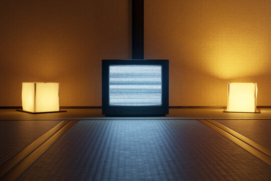 3D Rendering of a retro television with bright static screen standing on tatami floor at night